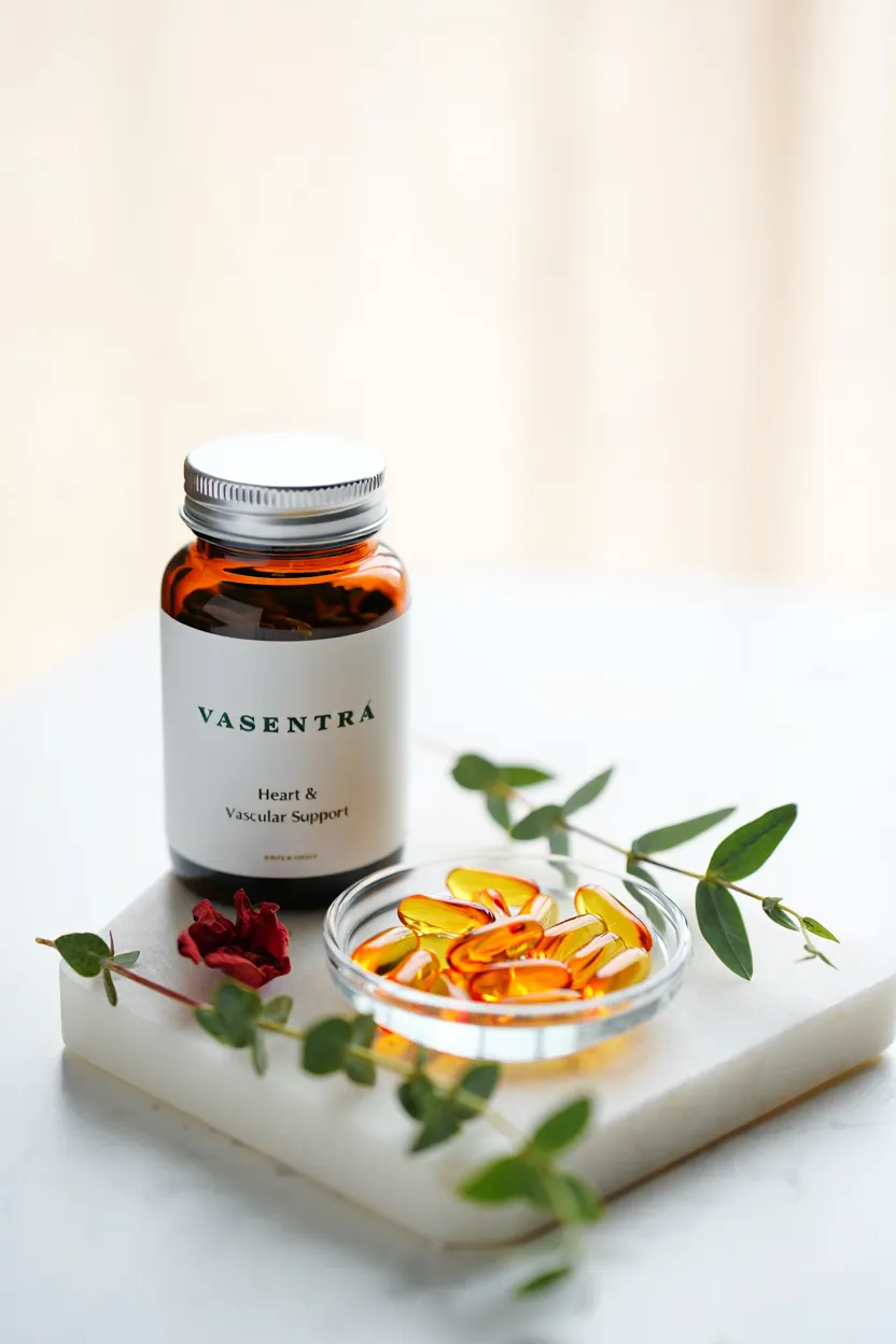 Vasentra supplement bottle containing natural capsules for heart and vascular support